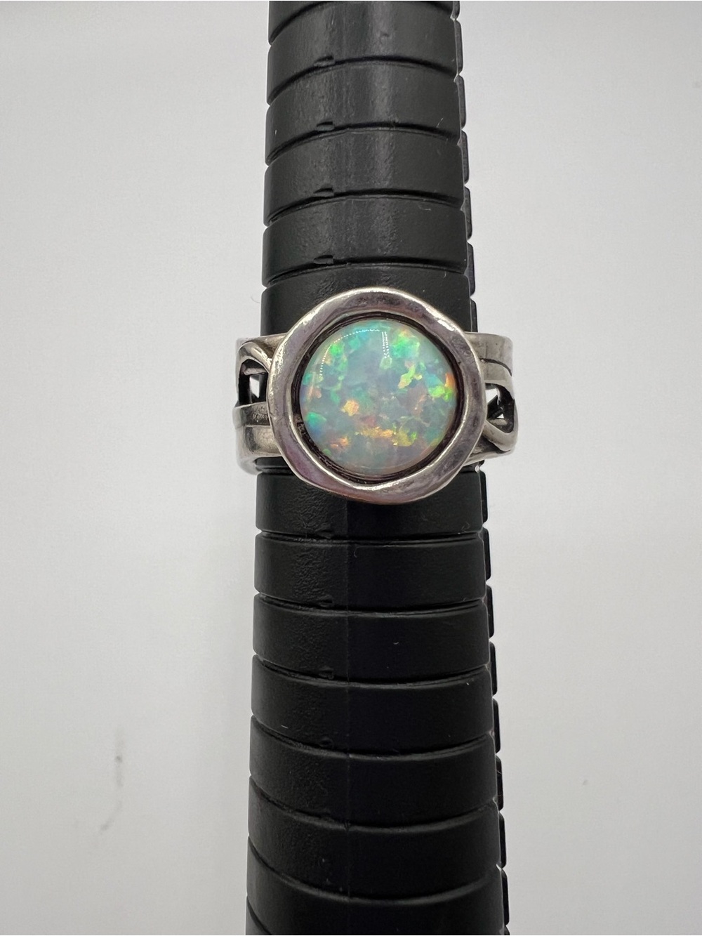 Sterling Silver Round Opal Bezel Ring - Iridescent White Opal